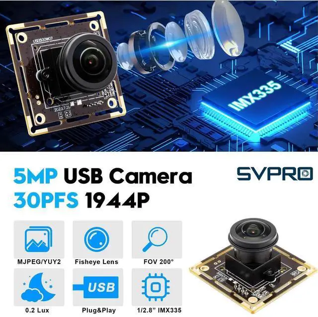 Alt view image 2 of 5 - SVPRO 5MP 30FPS Fisheye USB Camera Module 200 Degree Ultra Wide Angle Webcam Board IMX335 Sensor Low Light Computer Vision Industrial Security Camera for PC,Raspberry Pi, Jeston Nano(M12 Lens)