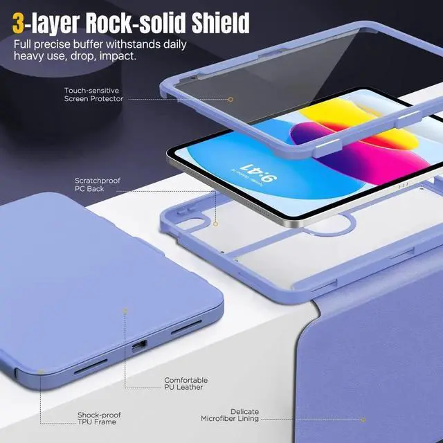 Alt view image 4 of 5 - MoKo for iPad 11-inch (A16) 11th Generation Case 2025/ iPad 10th Generation Case with Pencil Holder 2022 10.9 inch, Built-in Screen Protector Clear Back, Multi Angle Viewing Stand, Lavender