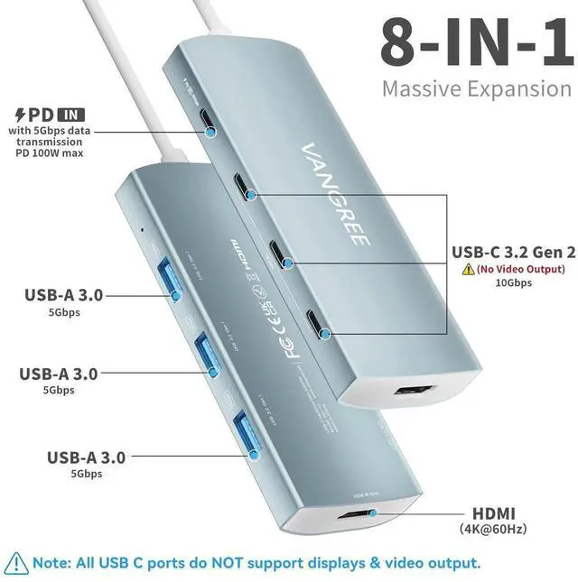 Alt view image 2 of 5 - USB C Hub 8 in 1 Multiport Adapter, 3 USB 3.2 Gen 2 Ports with 10Gbps, 3 USB-A 3.0 5Gbps, 4K@60Hz HDMI, 100W PD, USBC Splitter for MacBook Pro, iPad Pro, Mac mini and More(Not Support USB-C Monitor)