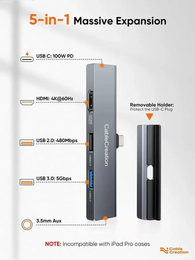 Alt view image 4 of 5 - iPad Pro USB C Hub, CableCreation 5-in-1 USBC Hub Multiport Adapter with 4K 60hz HDMI, USB 3.0, USB C Charging and 3.5mm Audio Jack with Magnetic Grip for MacBook, iPad Pro,iPad Air and More