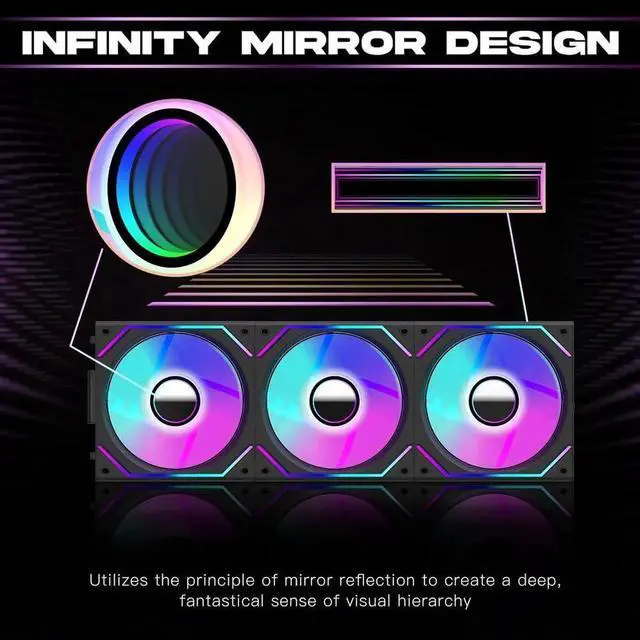 Alt view image 3 of 5 - Jungle Leopard Interstellar V2 120mm Case Fan Infinity Mirror Module Daisy-Chain ARGB Fan Triple Pack with Controller Suitable for Computer Case & 360mm AIO Cooler(Black-3pack)