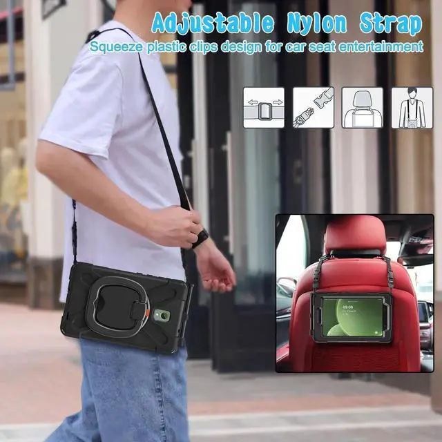 Alt view image 5 of 5 - FONREST Rugged Case for Samsung Galaxy Tab Active5 5G (SM-X306B/X300) w/ 360° Rotating Hanging Ring Handle Grip Kickstand, Heavy Duty Shock-Proof Armor Cover w/Shoulder Strap, Stylus Holder (Black)