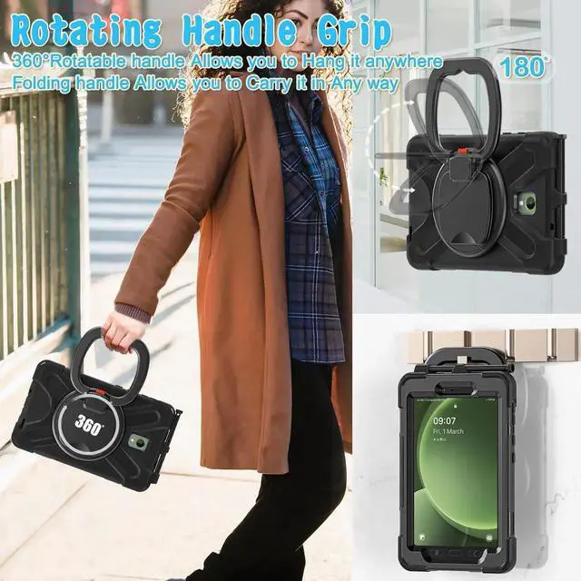 Alt view image 3 of 5 - FONREST Rugged Case for Samsung Galaxy Tab Active5 5G (SM-X306B/X300) w/ 360° Rotating Hanging Ring Handle Grip Kickstand, Heavy Duty Shock-Proof Armor Cover w/Shoulder Strap, Stylus Holder (Black)