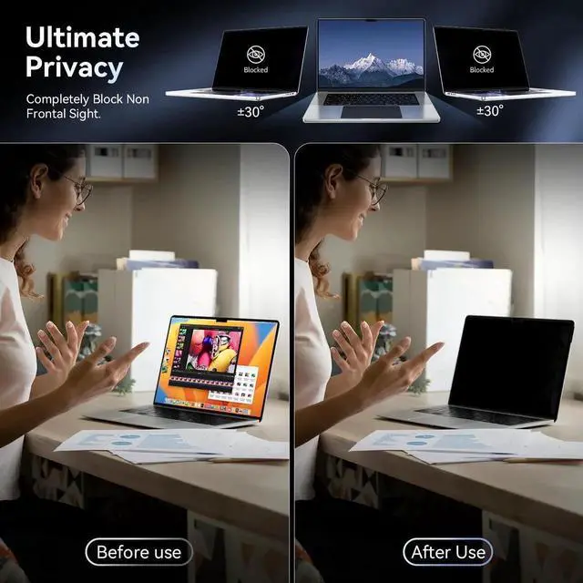 Alt view image 3 of 5 - Privacy Screen Protector for MacBook Pro 16 Inch (2021-2024, M1, M2, M3), Easy On/Off Removable Anti Spy Blue Light Glare Shield Laptop Privacy Filter for Apple Mac Pro 16.2 in (A2991/A2485/A2780)