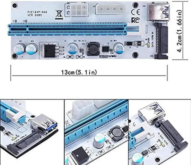 Alt view image 5 of 5 - CFIKTE VER 008S PCI-E Express Cable 1X to 16X Graphics Extension Ethereum ETH Mining Powered Riser Adapter Card, 60cm USB 3.0 Cable, 4 Solid Capacitors,15pin Male to 6pin Power Slot Connector