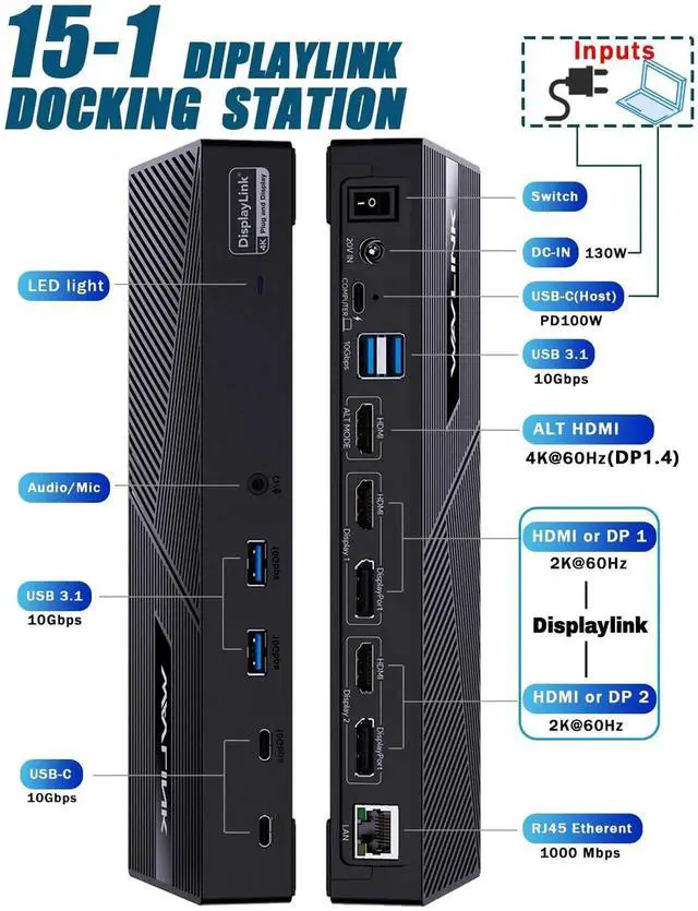 Alt view image 3 of 5 - WAVLINK Displaylink Docking Station 3 Monitors with 130W Power Delivery, 10Gbps USB for MacBook M1/M2/M3/Windows, USB-C(3 HDMI, 2 DisplayPort, 2 USB-C, 4 USB3.1, Ethernet, Audio)