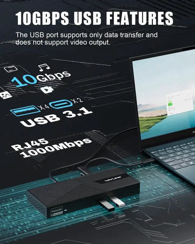 Alt view image 2 of 5 - WAVLINK Displaylink Docking Station 3 Monitors with 130W Power Delivery, 10Gbps USB for MacBook M1/M2/M3/Windows, USB-C(3 HDMI, 2 DisplayPort, 2 USB-C, 4 USB3.1, Ethernet, Audio)