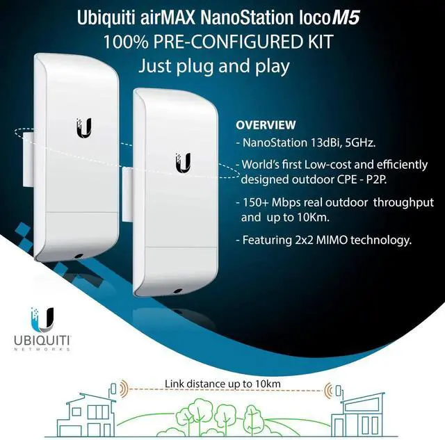 Alt view image 2 of 5 - Wireless Bridge Ubiquiti LOCOM5 PRE-CONFIGURED, Bundle of 2 Ubiquiti Nanostation LOCO M5, Point to Point Outdoor WiFi Bridge, Plugh and Play, 5GHz, 150+Mbps, 10+km Link Range, Network Bridge.