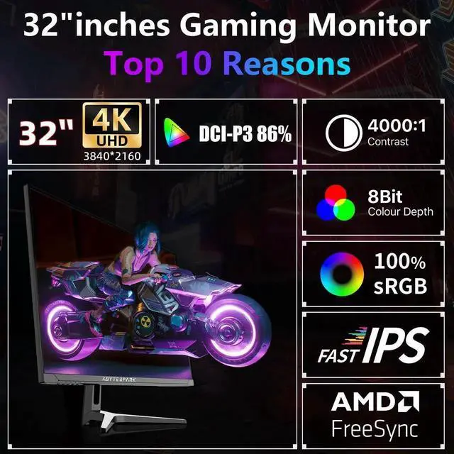 Alt view image 5 of 5 - abytespark 32 Inch Ultra Wide UHD 4K (3840 x 2160) Gaming Monitor, IPS 60Hz Ultra-Clear Screen, 1ms (MPRT), 100% sRGB, Built-in Speaker,FreeSync, 2 x DP 1.4 and 2 x HDMI 2.0, Tilt Height Adjustment