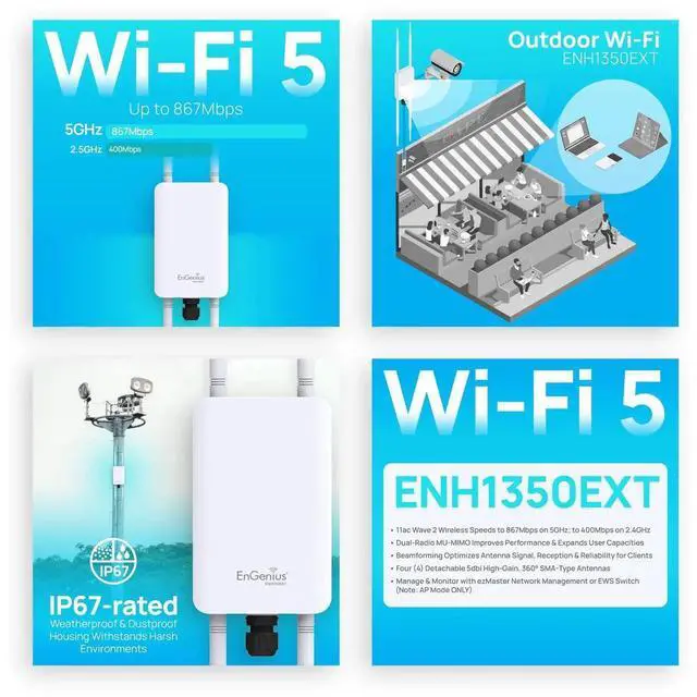 Alt view image 5 of 5 - EnGenius ENH1350EXT Wi-Fi 5 AC1300 Outdoor Access Point - IP67 Weatherproof, Dual-Band Long Range Extender, MU-MIMO, PoE Injector & Mounting Kit Included