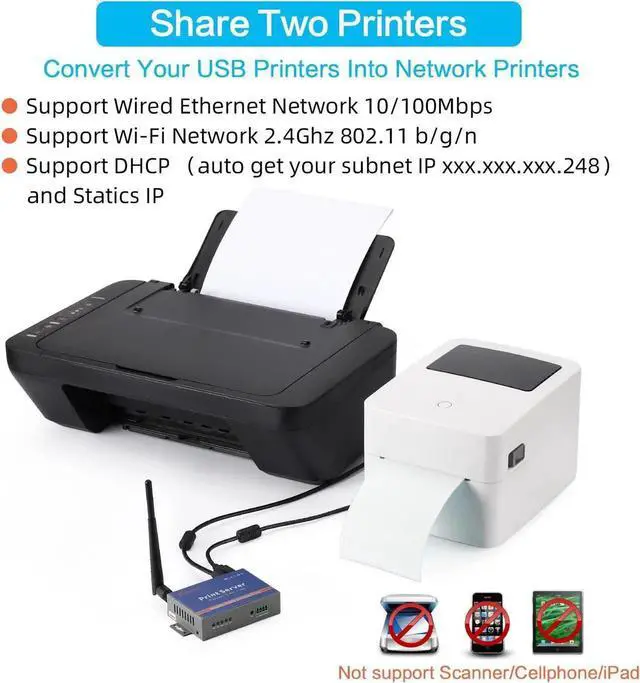 Alt view image 3 of 5 - CHEECENT Wireless Print Server for USB Printer (NOT Plug&Play), 2 Port USB Print Server, Convert Wired Printer to Wireless WiFi Ethernet Networking - Windows Mac Linux Compliant - CR202