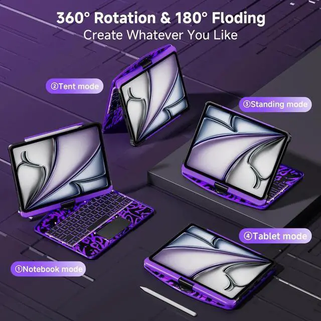 Alt view image 3 of 5 - Uminy iPad Keyboard Case for iPad 10th Gen (2022) & 11th (A16, 2025), Magic Wireless Keyboard with Trackpad 7 Color Backlit 360° Rotating Stand Transparent Protective Cover with Pencil Holder (Purple)