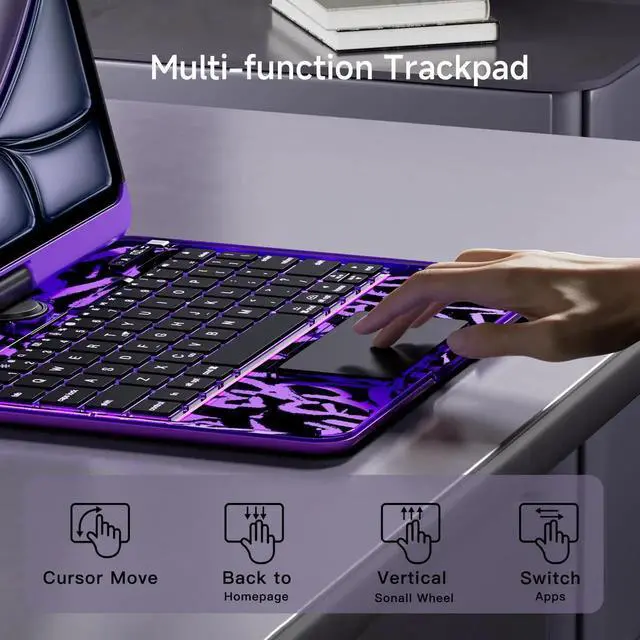 Alt view image 5 of 5 - Uminy iPad Keyboard Case for iPad 10th Gen (2022) & 11th (A16, 2025), Magic Wireless Keyboard with Trackpad 7 Color Backlit 360° Rotating Stand Transparent Protective Cover with Pencil Holder (Purple)