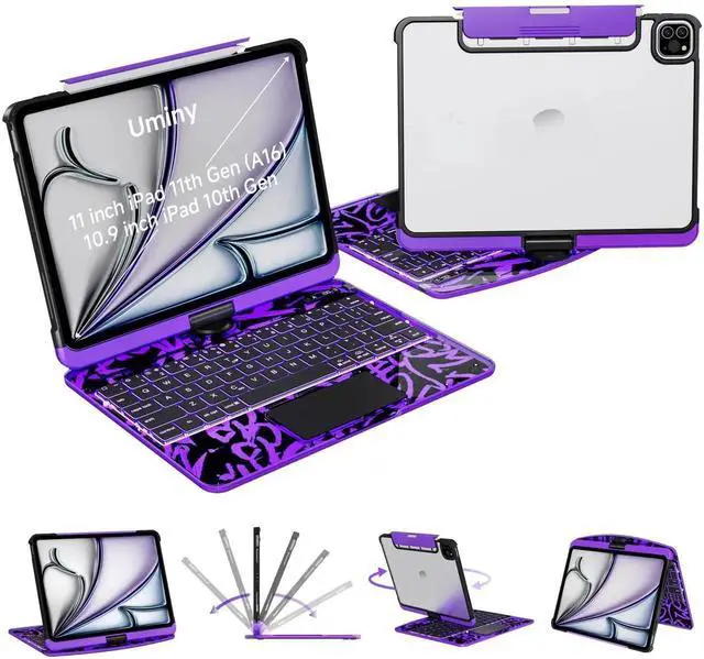 Main image of Uminy iPad Keyboard Case for iPad 10th Gen (2022) & 11th (A16, 2025), Magic Wireless Keyboard with Trackpad 7 Color Backlit 360° Rotating Stand Transparent Protective Cover with Pencil Holder (Purple)