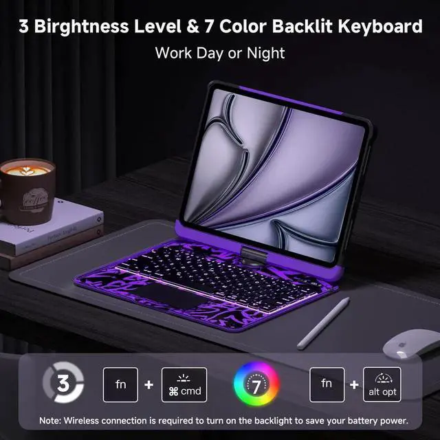 Alt view image 4 of 5 - Uminy iPad Keyboard Case for iPad 10th Gen (2022) & 11th (A16, 2025), Magic Wireless Keyboard with Trackpad 7 Color Backlit 360° Rotating Stand Transparent Protective Cover with Pencil Holder (Purple)