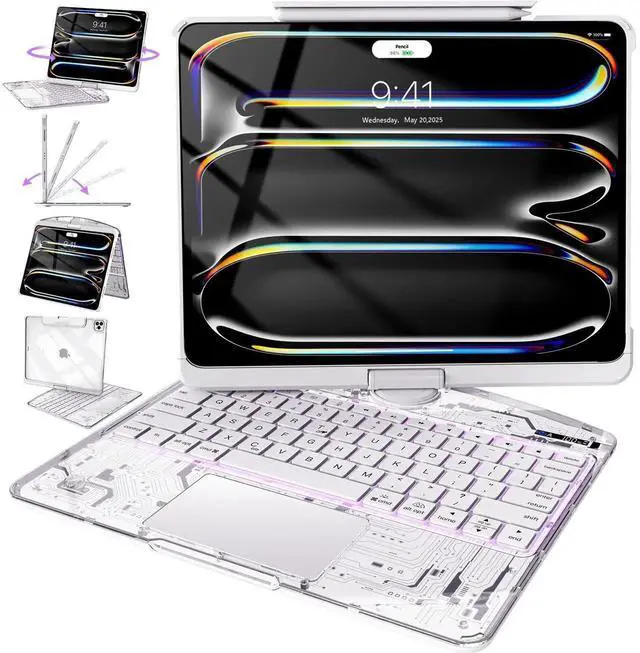 Main image of Intermerge Clear Keyboard Case for iPad Pro 11" (M4) 2024 Only, 360° Swivel Multi-Touch Trackpad, 7-Color RGB Backlit, Pencil Holder, Type-C, Power Indicator, Frost Pulse
