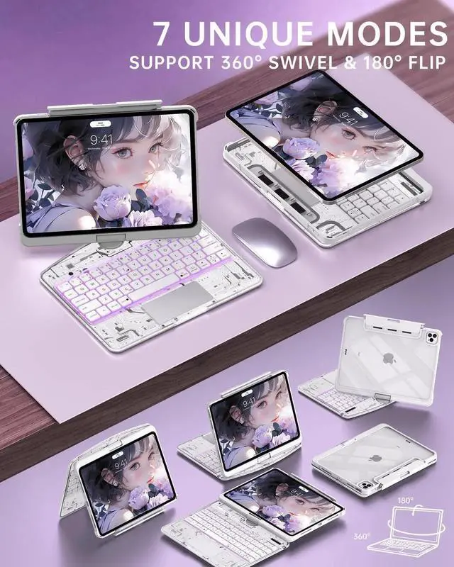 Alt view image 3 of 5 - Intermerge Clear Keyboard Case for iPad Pro 11" (M4) 2024 Only, 360° Swivel Multi-Touch Trackpad, 7-Color RGB Backlit, Pencil Holder, Type-C, Power Indicator, Frost Pulse