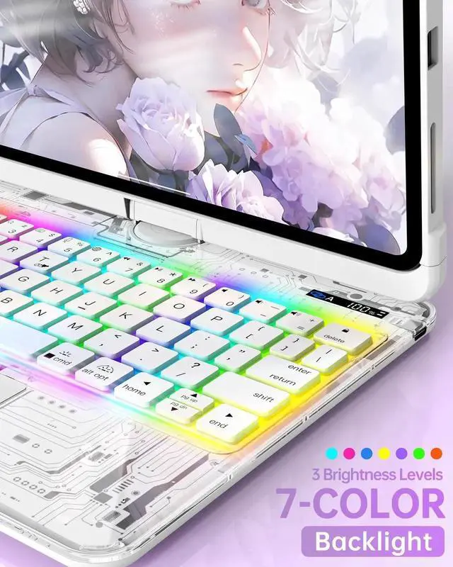 Alt view image 4 of 5 - Intermerge Clear Keyboard Case for iPad Pro 11" (M4) 2024 Only, 360° Swivel Multi-Touch Trackpad, 7-Color RGB Backlit, Pencil Holder, Type-C, Power Indicator, Frost Pulse
