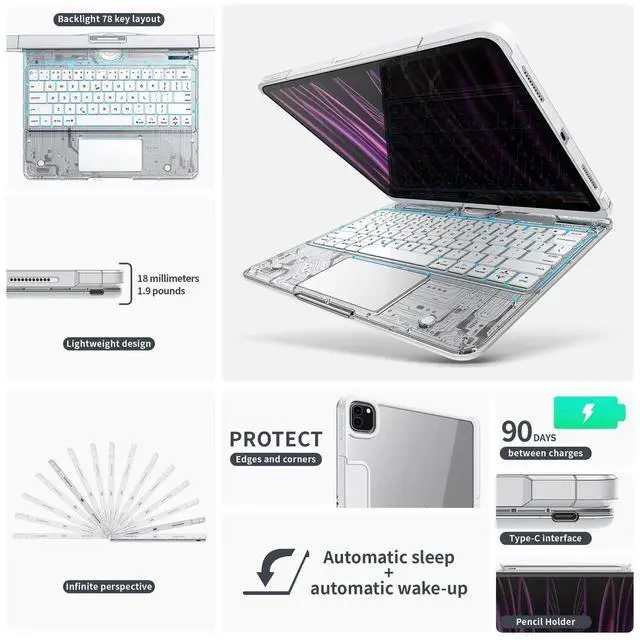 Alt view image 2 of 5 - molosicars Case with Keyboard for iPad Pro 11-inch 2018-2022 (1st/2nd/3rd/4th Gen), case with Pencil Holder, 7-Color Backlit Wireless Keyboard, 360° Rotating Multi-Touch Trackpad Transparent White