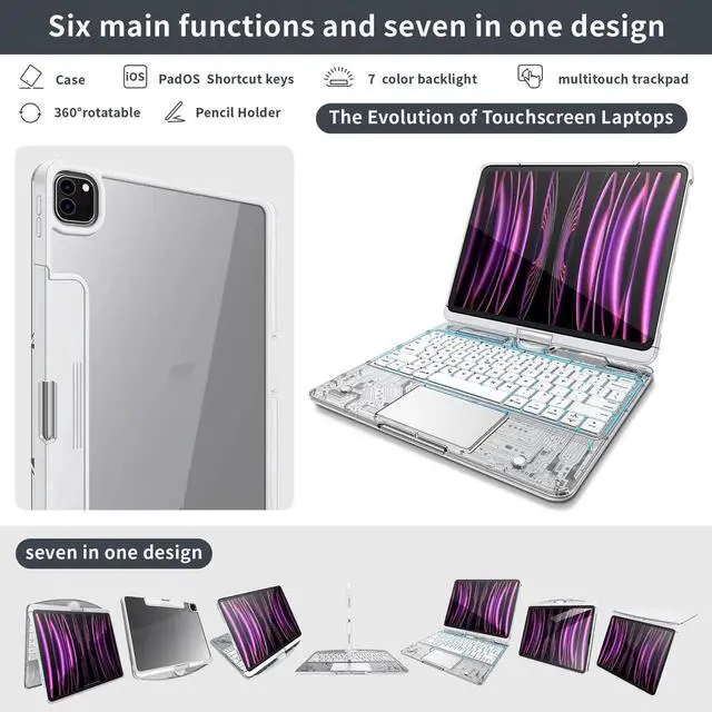 Alt view image 5 of 5 - molosicars Case with Keyboard for iPad Pro 11-inch 2018-2022 (1st/2nd/3rd/4th Gen), case with Pencil Holder, 7-Color Backlit Wireless Keyboard, 360° Rotating Multi-Touch Trackpad Transparent White