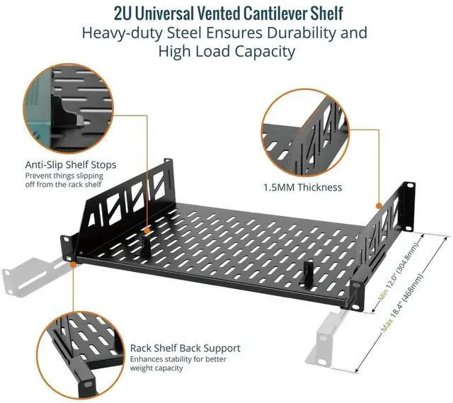 Alt view image 3 of 5 - Tecmojo 2U Rack Shelf,19 inch Server Rack Shelf 12 inch Depth,Weight Capacity 110Lbs/50kg,Rack Mount Shelf for 19" Network Racks & Cabinets,with Complete Accessories (2Pack)