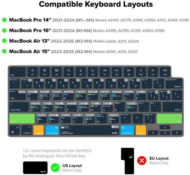 Alt view image 3 of 5 - JCPal Adobe Photoshop Shortcut Guide Keyboard Cover for Apple MacBook Pro 14 inch and MacBook Pro 16 inch (M1-M4 Models) and MacBook Air 13 inch and MacBook Air 15 inch (M2-M4 Models) (US-Layout)