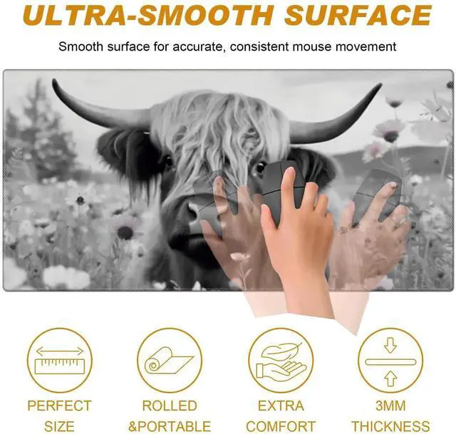 Alt view image 3 of 5 - Desk Pad, Large Game Mouse Pad + Small Mouse Pad+Wrist Rest,Ergonomic Mouse Pad,Table Mat with Stitched Edge,Anti-Slip,Memory Foam Desk Mat for Home Office Gaming(23.6×11.8in),Highland Cow Ox Cattle