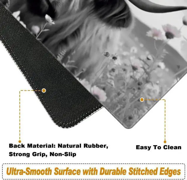 Alt view image 4 of 5 - Desk Pad, Large Game Mouse Pad + Small Mouse Pad+Wrist Rest,Ergonomic Mouse Pad,Table Mat with Stitched Edge,Anti-Slip,Memory Foam Desk Mat for Home Office Gaming(23.6×11.8in),Highland Cow Ox Cattle