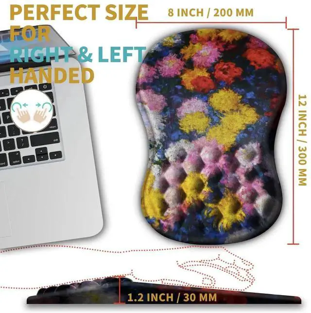 Alt view image 3 of 5 - Hokafenle Ergonomic Mouse Pad Wrist Support with Massage Design, Wrist Rest Pain Relief Mousepad with Memory Foam&Non-Slip PU Base, Mouse Pads for Wireless Mouse & Desk(12x8 inch,Monet Chrysanthemum)