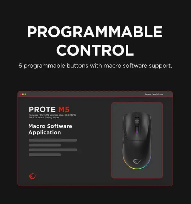 Alt view image 4 of 5 - Rampage Prote M5 Wireless & Wired Gaming Mouse 24000 DPI, RGB Backlight, 6 Programmable Buttons, BT/2.4GHz/Wired, Ergonomic Design, 400mAh Battery, Macro Support (Black)