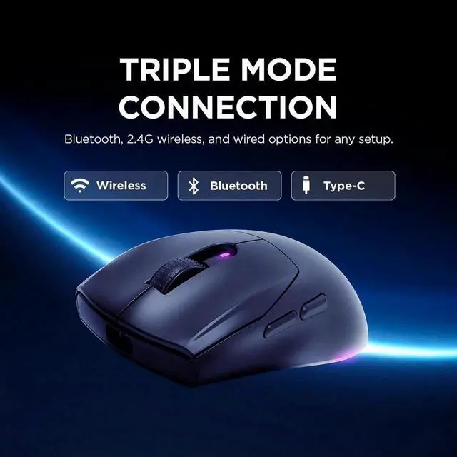 Alt view image 5 of 5 - Rampage Prote M5 Wireless & Wired Gaming Mouse 24000 DPI, RGB Backlight, 6 Programmable Buttons, BT/2.4GHz/Wired, Ergonomic Design, 400mAh Battery, Macro Support (Black)