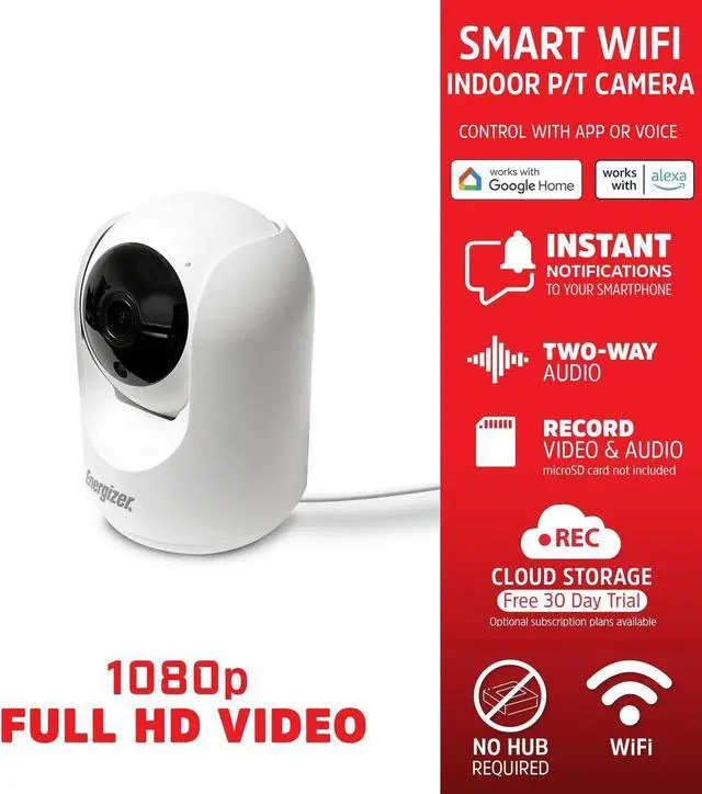 Alt view image 2 of 5 - Energizer Smart 1080p Indoor Pan & Tilt Wired Camera, Motion Tracking, Two-Way Conversation, Night Vision, Instant Notifications, Works with Google Home and Alexa, Night Vision, White