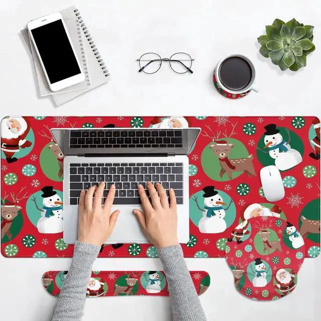 Alt view image 3 of 5 - Britimes Merry Christmas Reindeer Keyboard Mouse Pad Set Snowman Xmas 4in1 Large Mousepad+Keyboard Wrist Rest+Mouse Wrist Rest+Coaster Ergonomic Design for Home Office Computer 35.4 * 15.7 inches