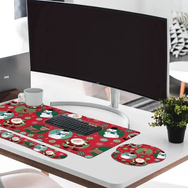 Alt view image 4 of 5 - Britimes Merry Christmas Reindeer Keyboard Mouse Pad Set Snowman Xmas 4in1 Large Mousepad+Keyboard Wrist Rest+Mouse Wrist Rest+Coaster Ergonomic Design for Home Office Computer 35.4 * 15.7 inches