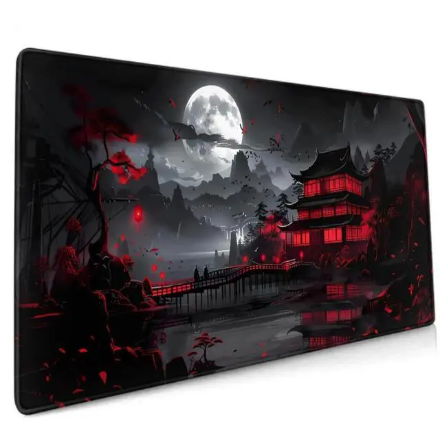 Main image of Black Red Japanese Mouse Pad XXL 35.4 X 15.7 Inch Design Style Extended Large Gaming Mousepad Keyboard Full Desk Mat Non-Slip Rubber Base Stitched Edges for Home Office