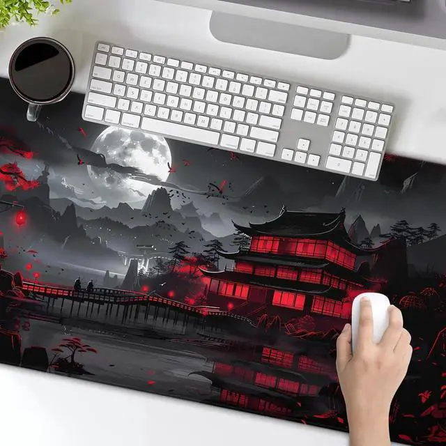 Alt view image 5 of 5 - Black Red Japanese Mouse Pad XXL 35.4 X 15.7 Inch Design Style Extended Large Gaming Mousepad Keyboard Full Desk Mat Non-Slip Rubber Base Stitched Edges for Home Office
