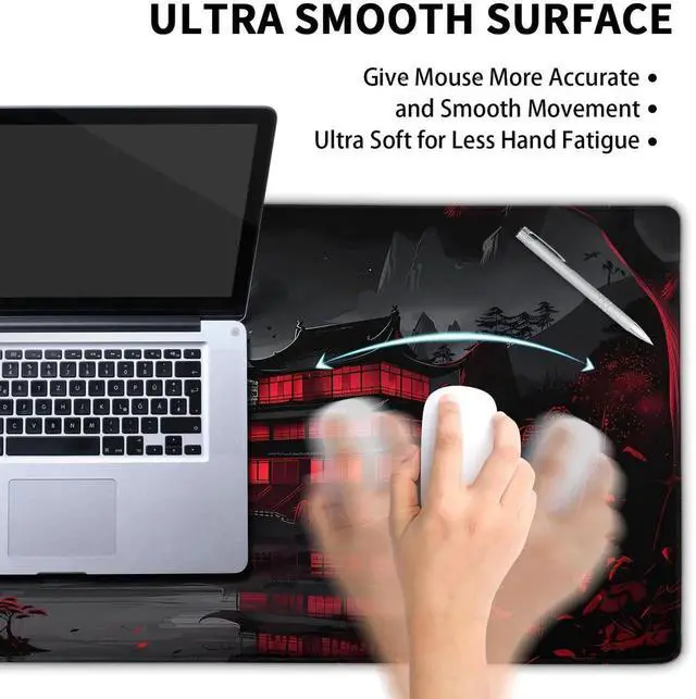 Alt view image 4 of 5 - Black Red Japanese Mouse Pad XXL 35.4 X 15.7 Inch Design Style Extended Large Gaming Mousepad Keyboard Full Desk Mat Non-Slip Rubber Base Stitched Edges for Home Office