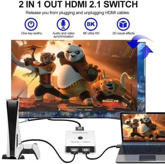 Alt view image 4 of 5 - HDMI Switch 4K 120Hz 2 in 1 Out 2 Port Switch 1 Monitors 2 Computers Hdmi 4K 144Hz KVM Switch Monitor HDMI 8K 60Hz