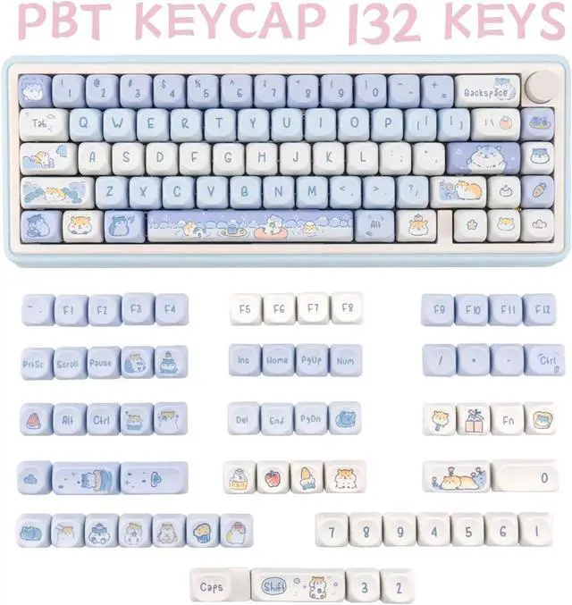 Alt view image 5 of 5 - Light Blue Hamster Keycaps Kawaii, Thick PBT MOA Profile Keycaps, Dye Sublimation Custom Key Caps, 132 Keys White and Blue Design for ANSI Layout Cute Style Mechanical Keyboard