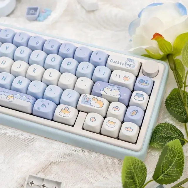 Alt view image 3 of 5 - Light Blue Hamster Keycaps Kawaii, Thick PBT MOA Profile Keycaps, Dye Sublimation Custom Key Caps, 132 Keys White and Blue Design for ANSI Layout Cute Style Mechanical Keyboard