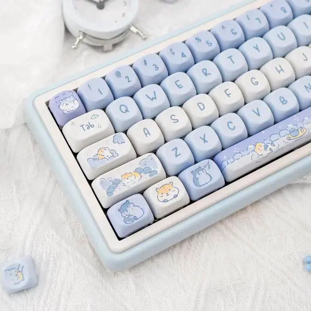 Alt view image 2 of 5 - Light Blue Hamster Keycaps Kawaii, Thick PBT MOA Profile Keycaps, Dye Sublimation Custom Key Caps, 132 Keys White and Blue Design for ANSI Layout Cute Style Mechanical Keyboard
