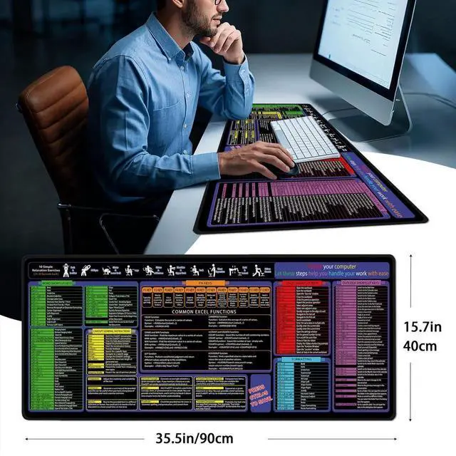 Alt view image 4 of 5 - Mouse Pad with Excel, Word, Shortcuts Excel Cheat Sheet Desk Pad Portable Computer Mousepad Gaming, Office, Waterproof, Non-Slip, Stitched Edges 35.5 x 15.7inches x 3mm
