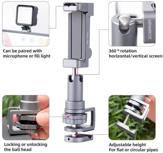 Alt view image 2 of 5 - ARNARKOK Phone Tablet Holder for Kitchen Cabinet/Desk/Table/Rod,Compatible with 3.5~10" iPhone/Smartphone/Ipad/Tablet Mount,360°Adjustable Aluminum Alloy Arm Clip Mount