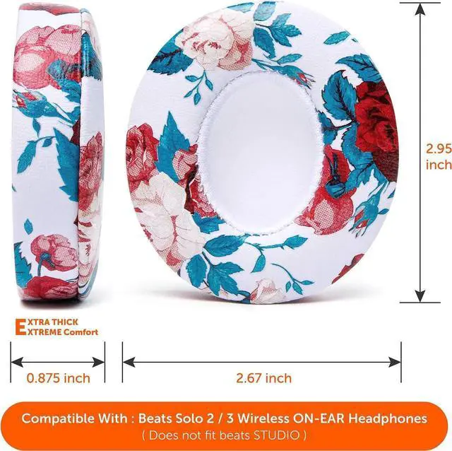 Alt view image 4 of 5 - WC Extra Thick Replacement Earpads for Beats Solo 2 & 3 by Wicked Cushions - Ear Pads for Beats Solo 2 & 3 Wireless ON-Ear Headphones - Soft Leather, Luxury Memory Foam, Strong Adhesive | Floral White