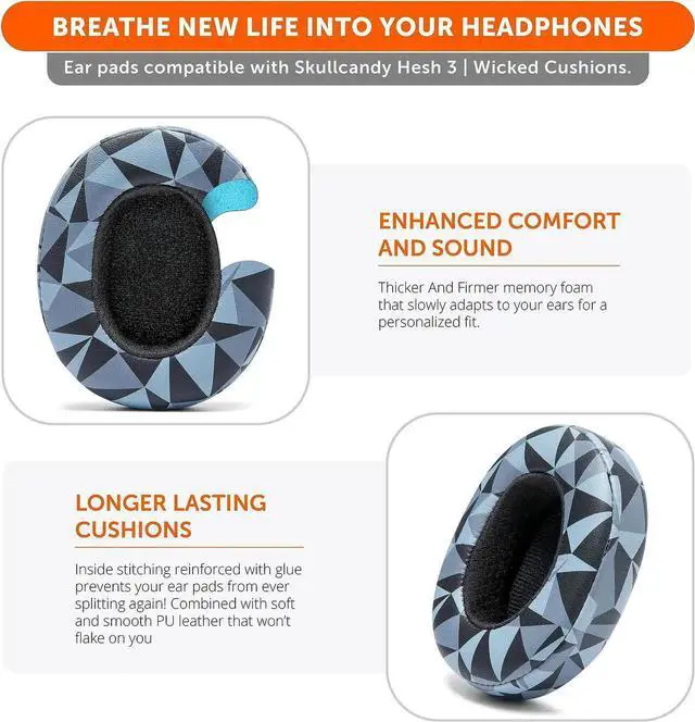 Alt view image 2 of 4 - WC Replacement Earpad Cushions for Skullcandy Hesh 3 & Crusher Over-Ear Headphones Made by Wicked Cushions | Improved Durability and Thickness for Improved Comfort and Noise Isolation | Geo Grey