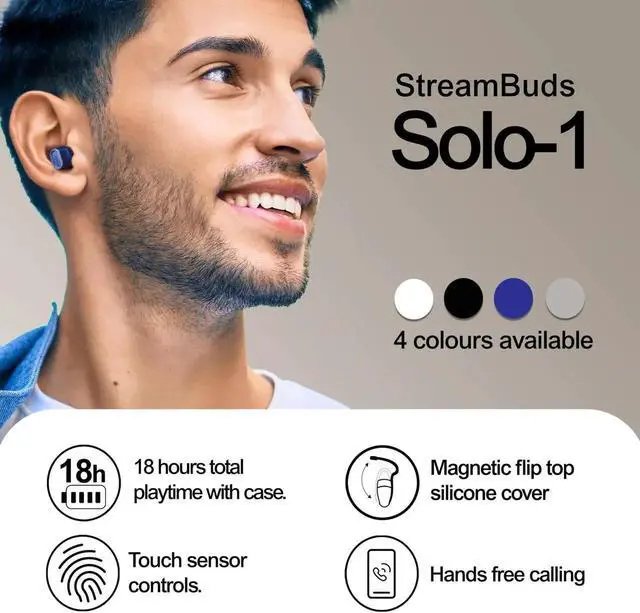Alt view image 5 of 5 - MIXX StreamBuds Solo 1 True Wireless Earbuds Bluetooth 5.1 with 18 Hour Total Playtime, Quick Charge, Touch Controls, Built-in Mic, Custom Fit Ear Cushions, Voice Assistant Compatible - Blue