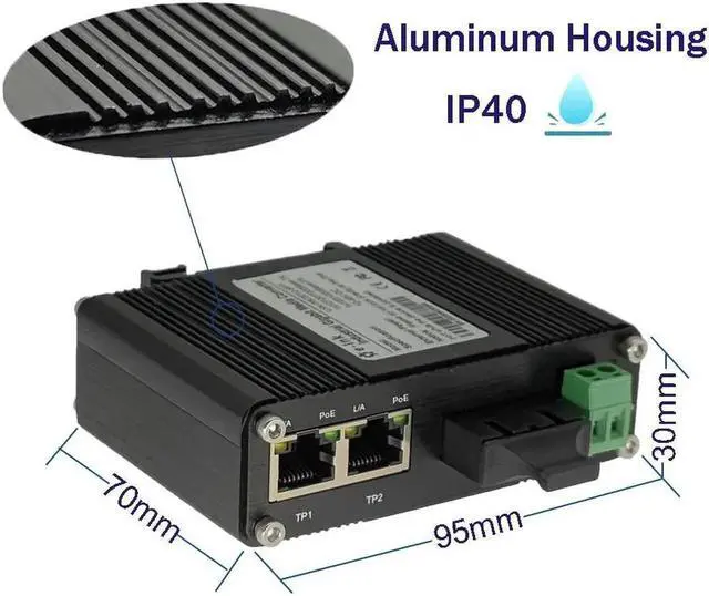 Alt view image 3 of 5 - Mini Industrial 2 Ports Gigabit PoE Media Converter Din Rail Mount Hardened Fiber Media Converter 802.3af/at Optical Converter Single Mode 20km with SC + 2 Rj45 Port 12~48V DC Input