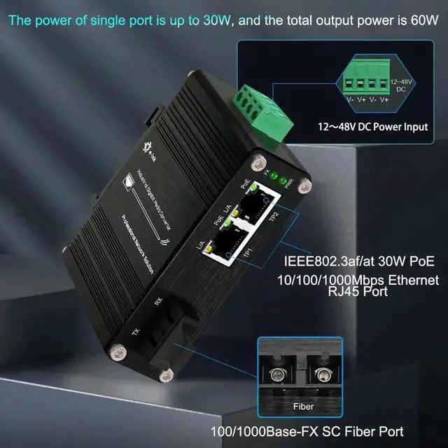 Alt view image 2 of 5 - Mini Industrial 2 Ports Gigabit PoE Media Converter Din Rail Mount Hardened Fiber Media Converter 802.3af/at Optical Converter Single Mode 20km with SC + 2 Rj45 Port 12~48V DC Input