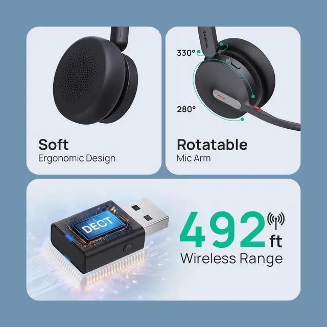 Alt view image 4 of 5 - Yealink WH64 Hybrid Mono Wireless Headset with DECT Dongle, 492ft Range,Teams Zoom,Skype, UC Bluetooth Single On Ear Headphones with 3X Noise Cancelling Mic, 26H Talk Time, Office PC, Computer, Phone