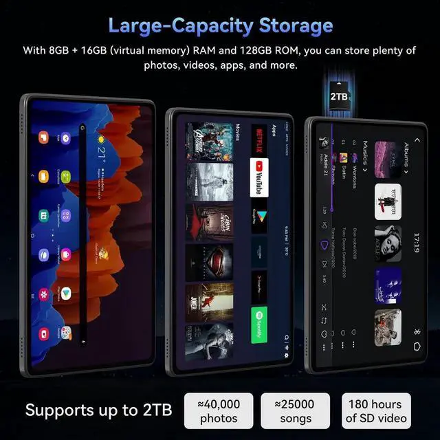 Alt view image 4 of 5 - Tablet 2025 World's First Android 16 Tablet with Gemini AI, 11 Inch FHD Display, 24GB RAM 128GB ROM /2TB TF, T7250 CPU+13MP Camera, 8000mAh, Widevine L1, 2 in 1 Tablets with Keyboard Mouse Stylus